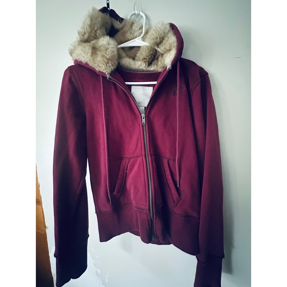 Vintage American Eagle Outfitters Faux Fur Lined Zip Hoodie Burgundy Y2K Medium